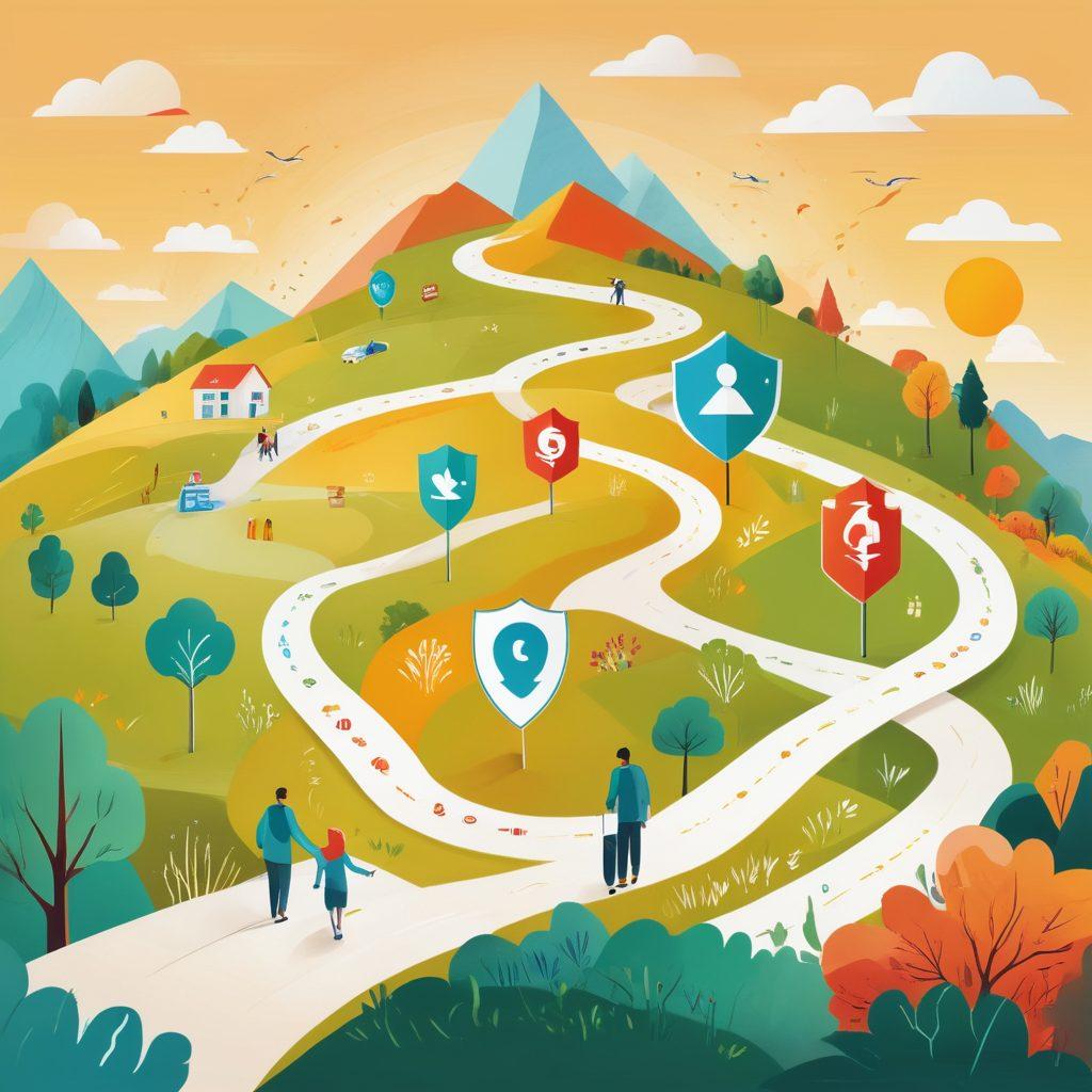 A detailed illustration of a winding path symbolizing the journey to health protection, with milestones labeled as 'Policies', 'Coverage', and 'Premiums'. Include diverse individuals discussing various health topics, surrounded by icons representing different health services. The background features a sunny landscape with abstract representations of safety and security. Make it engaging and informative. vibrant colors. vector art.