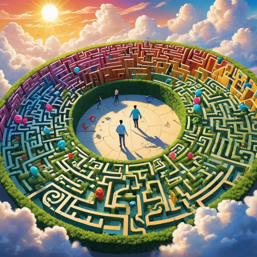 A whimsical maze shaped like a human figure, incorporating various insurance symbols like a stethoscope, shield, and dollar sign, with paths leading to various health coverage options. Bright, inviting colors and clear signage guide through the twists and turns, showing a diverse group of people exploring the maze together. The background features soft clouds and a sunny sky, symbolizing hope and guidance. vibrant colors. illustration.